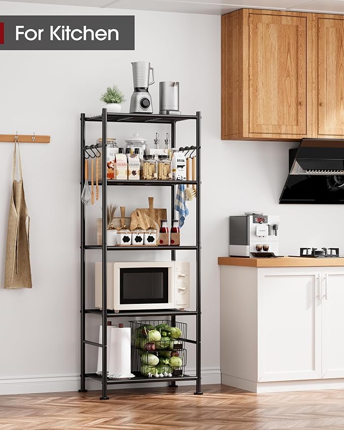 Storage Shelves - 5-Tier Large Capacity Shelf Organizer with Hooks, Heavy-Duty Garage Shelving with Leveling Feet, Wobble-Free Rack for Bedroom, Balcony, Garage, 18.1"×12.4"×56.8", Black