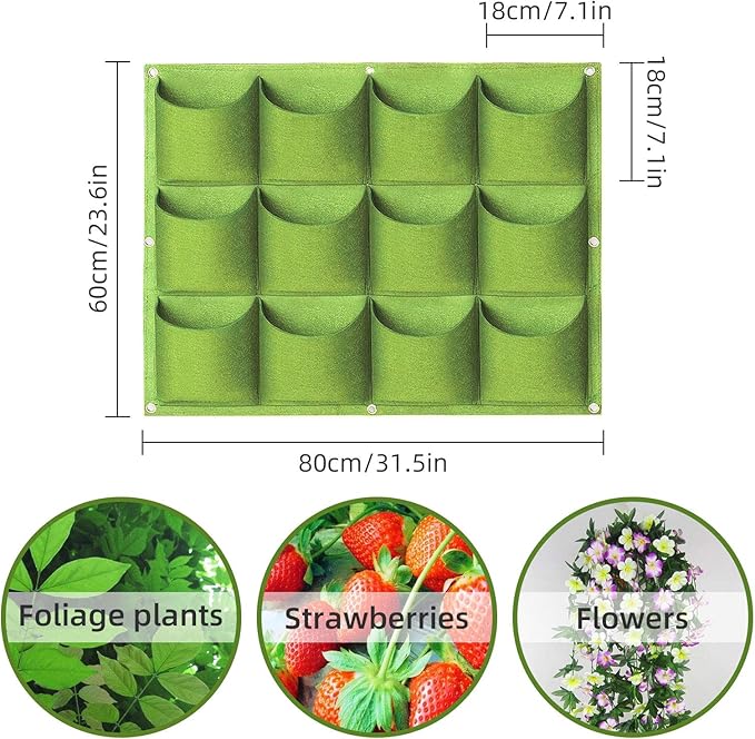 Hanging Planting Grow Bags, 12 Pockets Hanging Vertical Wall Planter Wall Mounted Grow Bag Outdoor Indoor Gardening Vertical Greening Flower Container, Planting Bags Storage Bags(0.6 m × 0.8 m, Green)