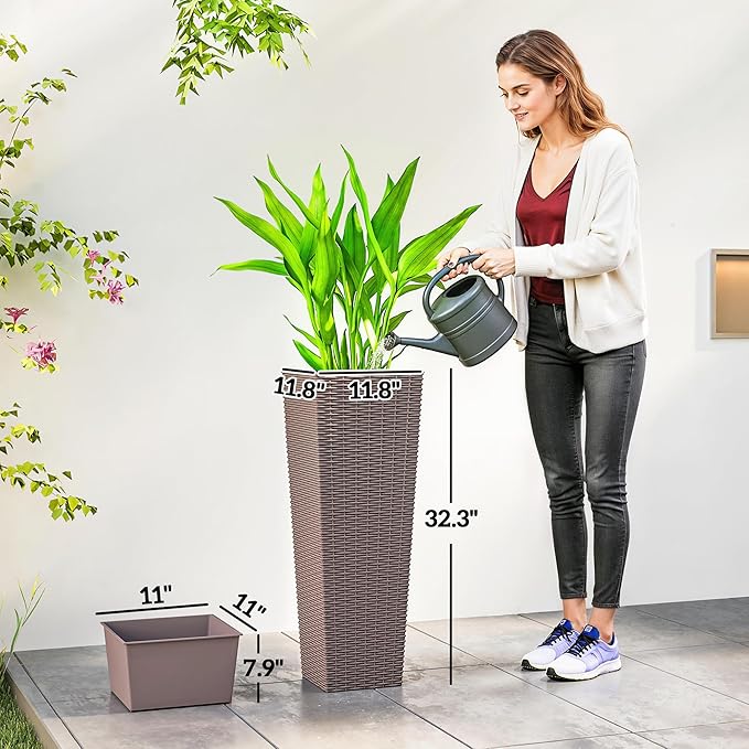 Outsunny 32 Inch Tall Planters for Outdoor Plants, Set of 2 Plastic Rattan-Like Flower Pots with Drainage Holes, Stackable Tapered Planters for Indoor Plants, Front Porch, Brown