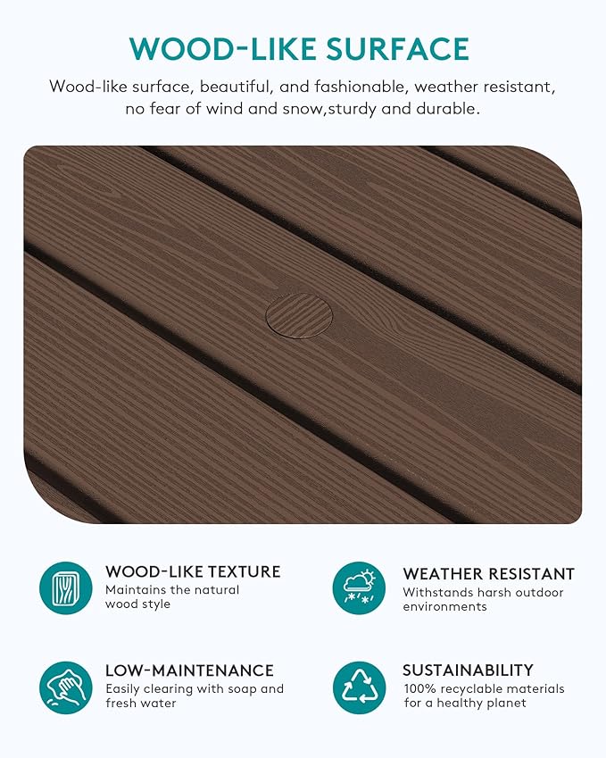 SERWALL Outdoor Coffee Table with 9FT Umbrella, HDPE Patio Coffee Table for Outside, Rectangle, Coffee(Not Include Umbrella Base)