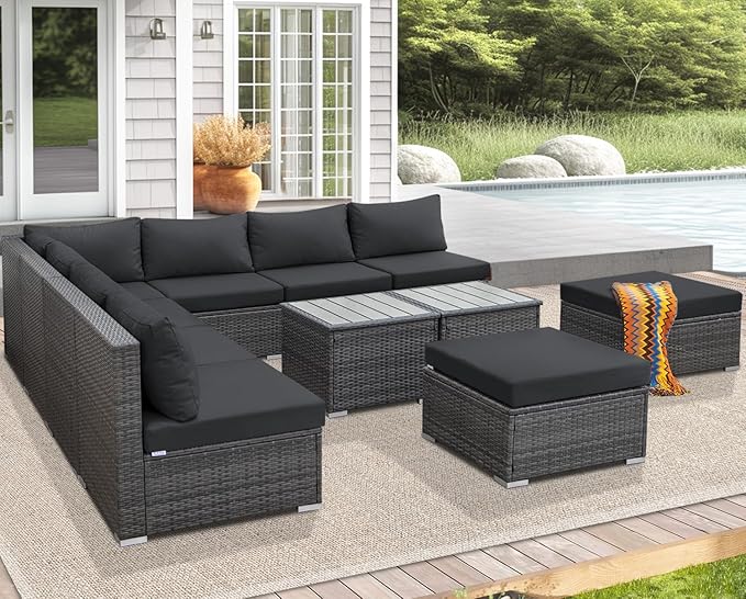 NICESOUL 11 Piece Extra Large Outdoor Furniture Sofa Set, Deep Wide PE Wicker Patio Modular Sectional with Side Tables, 29.3'' High Back Modern Luxury All-Weather Rattan Conversation for Outside, Gray