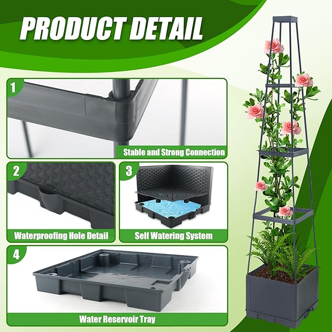 2 Packs Raised Garden Bed Tomato Planter Box with Trellis,56.8" Self-Watering Tomato Cage with Trapezoidal Trellis for Climbing Plants Flowers Vegetables Vine in Patio Garden Indoor Outdoor
