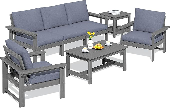 SERWALL HDPE Patio Furniture Set, 7-piece Outdoor Sectional Sofa Set, All Weather Outdoor Couch Set for Deck, Lawn, Grey Frame with Grey Cushion