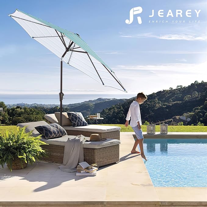JEAREY 9FT Outdoor Patio Umbrella Outdoor Table Umbrella with Push Button Tilt and Crank, Market Umbrella 8 Sturdy Ribs UV Protection Waterproof for Garden, Deck, Backyard, Pool (Blue Green Stripe)