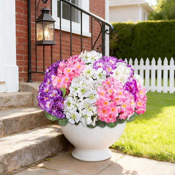 Artificial Geraniums Flowers for Outdoors, 6 Bundles Realistic Silk Fake Geranium, No Fade Faux Plants for Hanging Baskets, Window Boxes, Planters - Porch, Patio, Garden Decor(Mix Colors)