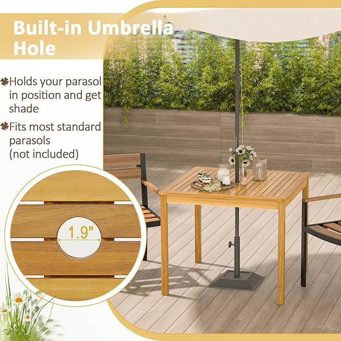 Tangkula 36" Square Outdoor Dining Table, Acacia Wood 4-Person Patio Dining Table with 1.9" Umbrella Hole, Farmhouse Patio Bistro Table, Indoor Outdoor Dining Furniture for Yard Deck Lawn