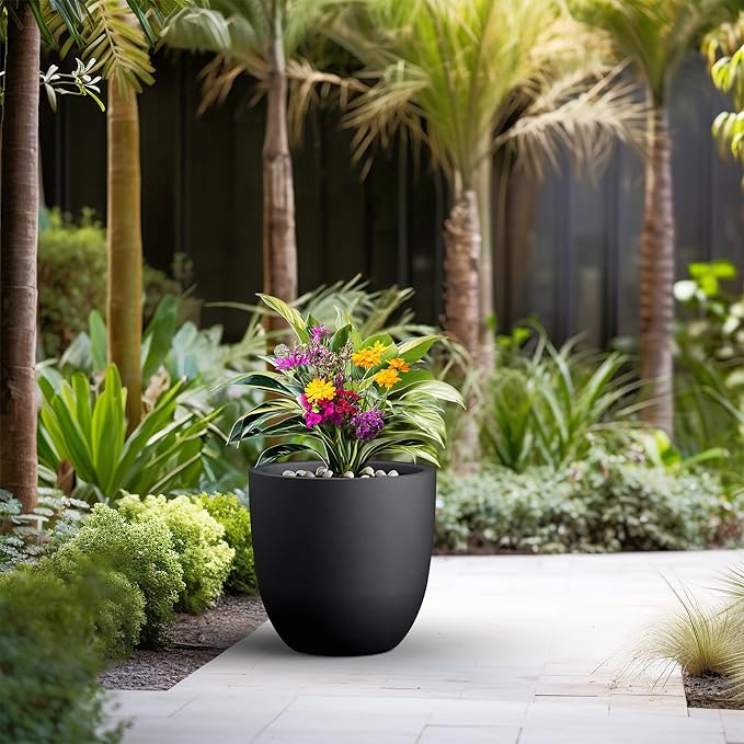 Kante 18 Inch Dia Round Concrete Planter, Indoor Outdoor Large Plant Pot with Drainage Hole and Rubber Plug for Home Patio Garden, Black
