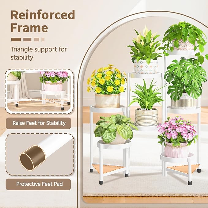LASZOLA 7 Tiered Folding Tall Plant Stand Indoor for Multiple Large Planter, Heavy Duty Metal Adjustable Flower Rack for Narrow Corner, Sturdy Vertical Spiral Shelving Holder for Modern House, White
