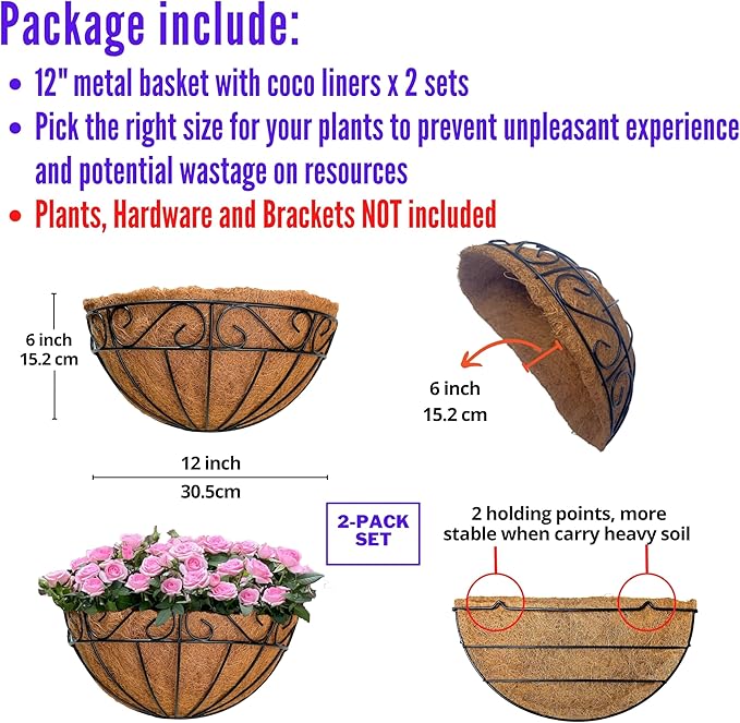LaLaGreen Wall Hanging Planter, 2 Pack, 12 Inch Wall Mounted Flower Basket with Coco Liner for Outdoor Plants, Black Metal Wire Rail Herb Pot Holder Fence Railing Deck Porch Balcony Garden Patio Decor