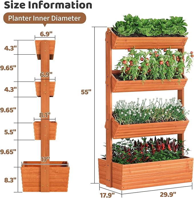 FILWH Wooden Raised Garden Bed Vertical Planter Box, Freestanding Plant Stand for Indoor Outdoor Plants, Herbs, Flowers, Vegetables, Gardening (Reddish Brown, 4-Tier，29.9 x 17.9 x 55in)