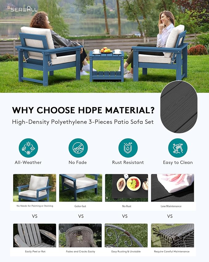 SERWALL HDPE Patio Sofa Set, 3-piece Sectional Outdoor Furniture Set, All Weather Outdoor Couch Set Patio Furniture Set for Deck, Lawn, Blue Frame with Grey Cushion
