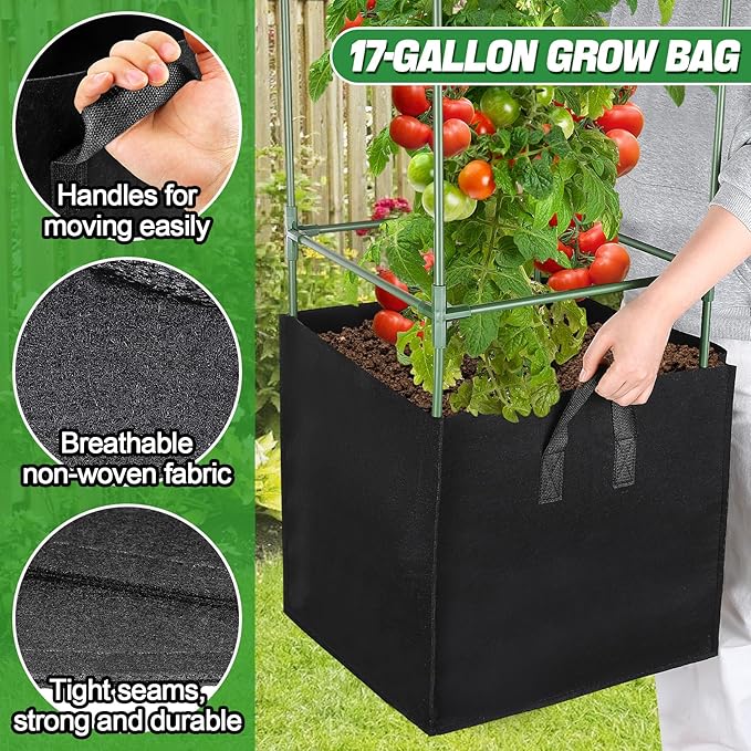 ANPHSIN 3 Sets Tomato Cages with 17 Gallon Grow Bags - 46'' Heavy-Duty Plant Support Trellis Tomato Planter Pots Kit, Garden Vegetables Cucumber Flowers Vertical Climbing Plants Vines