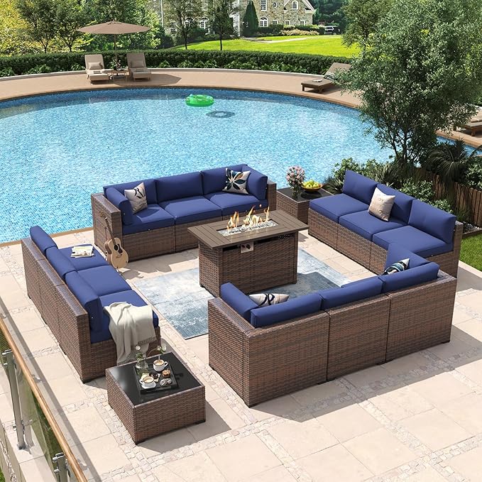 Aoxun 15 Piece Patio Furniture Set with 44” Fire Pit Table Wicker Rattan Outdoor Sectional Sofa Set with Coffee Table and Thickened Cushions, Blue (Waterproof Cover Included)