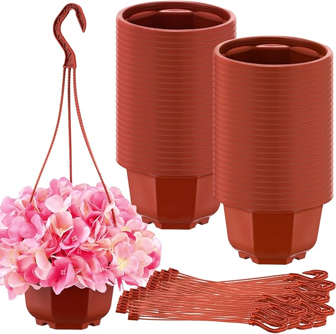Roshtia 50 Pcs 5.9 inch Plastic Hanging Plant Pots with Hooks Flower Pots Baskets Outdoor Hanging Nursery Planter Holder for Home Garden Balcony Porch(Brown, 5.9 inch)
