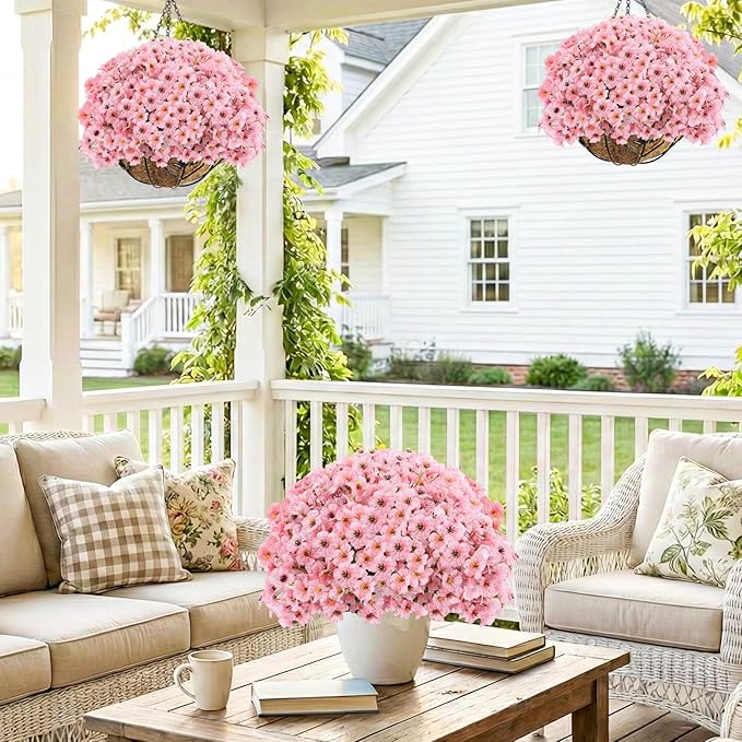22 Pack Artificial Flowers Outdoor Fake Plants, Faux Flowers UV Resistant with Plastic Plants, Faux Silk Flowers for Outdoors Outside Front Porch Hanging Planter Window Box Garden Decoration(Pink)