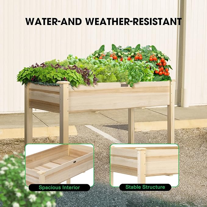 VIVOSUN Elevated Wooden Raised Garden Bed, 48 x 24 x 30 Inches, Outdoor Wood Planter Box w Bed Liner and Gloves for Garden, Patio, Balcony, Backyard and Outdoors, 220-Pound Capacity