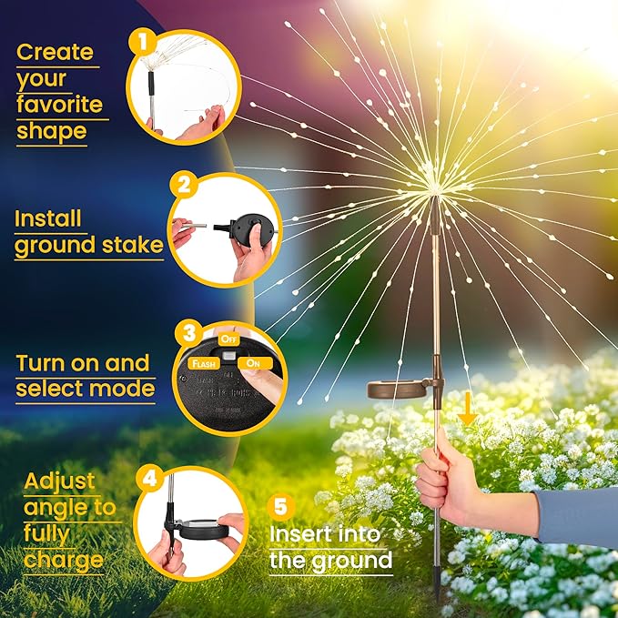 GIGALUMI Garden Decor Outdoor Lights 120LED 8Pack, Solar Garden Lights for Christmas Outside Fairy Firework Decorative,Solar Powered for Yard Pathway Flowerbed Planter Balcony Patio Decor (Warm White