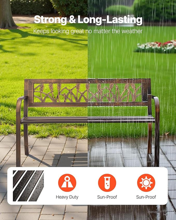 VEVOR Outdoor Bench, 50 inch, Carbon Steel Metal Frame with PVC Floral Pattern Backrest and Round Edge Armrests, Weatherproof Outside Bench for Patio, Garden, Park, Yard, Front Porch, Antique Bronze