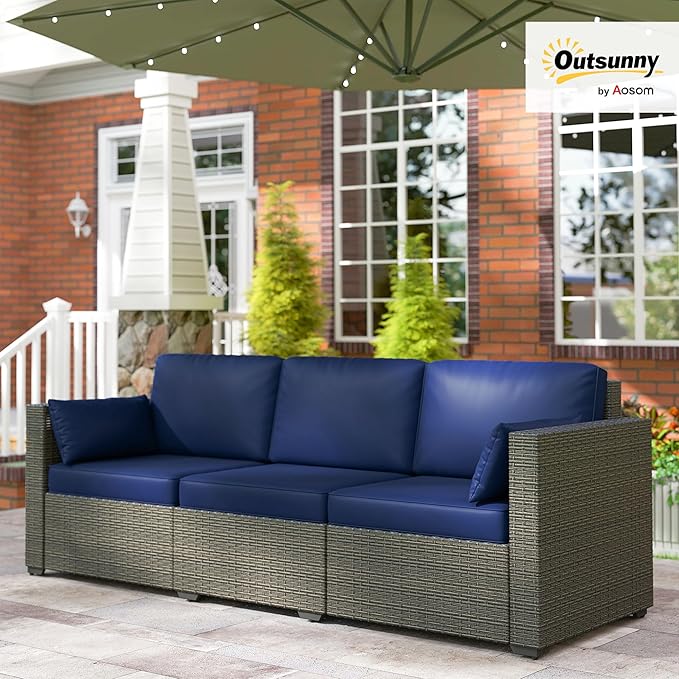Outsunny Patio Couch PE Wicker Deep Seating Outdoor Sofa with Removable Cushions, 3 Seater Rattan Sofa, Outdoor Furniture for Balcony, Deck, Garden and Poolside, Navy Blue