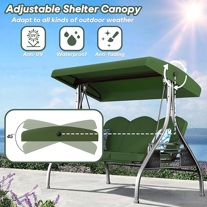 3 Seat Outdoor Porch Patio Swing with Stand 800lbs 2-in-1 Convertible Swing Bed with Adjustable Canopy & Removable Cushion for Yard Garden Deck (Green, Square Tube)