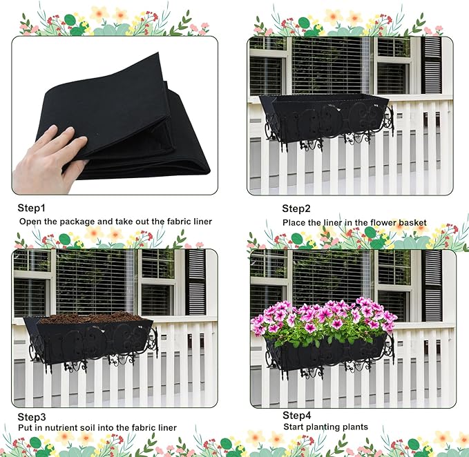 2PCS 24Inch Rectangle Window Box Liner Felt Planter Basket Liner Insert Black Plant Container Liners Non Woven Fabric Liner for Garden Fence Wall Railing Hanging Flower Pot - Avoid Bird Nesting