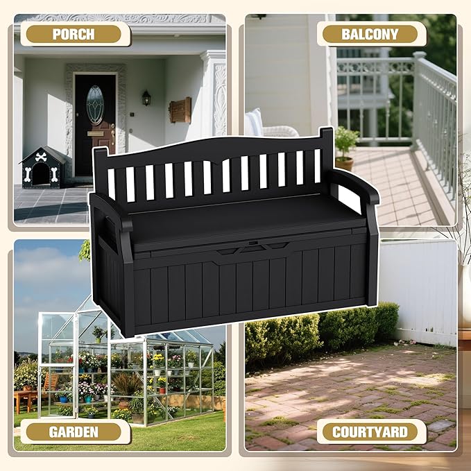 80-Gallon Outdoor Storage Bench with Cushion, Lockable Waterproof Deck Box with Armrests for Patio, Garden, Pool, Black