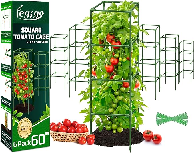 Legigo 6 Pack Square Tomato Cages for Garden- Up to 60 Inch Tomato Plant Support Stakes Cage, Heavy Duty Steel Tomato Trellis Garden Stakes for Raised Garden Bed Climbing Vegetables Cucumbers Flowers