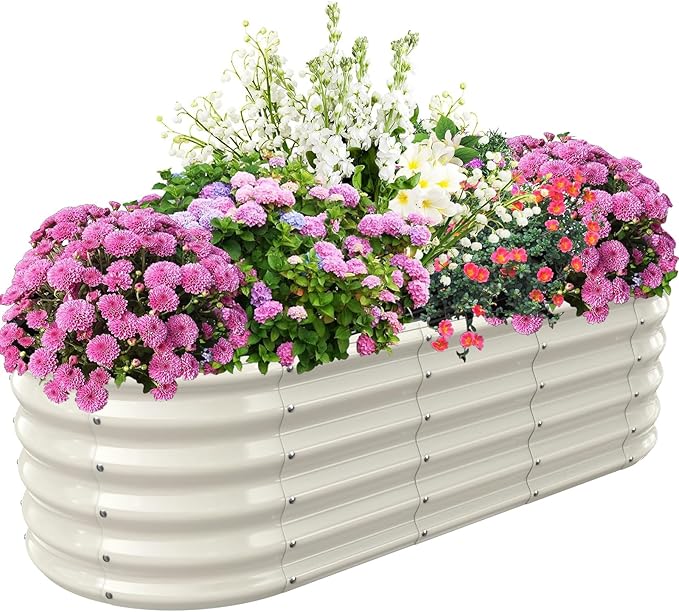 17" Tall Elevated Oval Metal Raised Garden Bed - 5ft x 2ft in Size and 0.8MM Thick Durable Planter Bed/Box for Vegetables Flowers Succulent at Patio/Garden Outdoor (White, 5X2X1.4 FT)