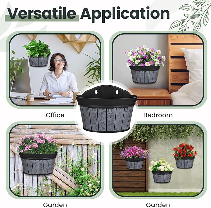 Layhit 6 Pcs Wall Hanging Planters Outdoor Pot Planter Wine Barrel Planter Distressed Oak Thickened Plastic Water Storage Flower Pots for Flower Indoor Outdoor(10 Inches,Black)