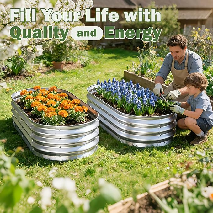 Galvanized Raised Garden Bed Outdoor, 4x2x1ft Metal Heavy Duty Planter Boxes for Gardening, Easy Assemble Small Oval Plant Container Kit for Vegetables, Flowers, Fruits, Silver, 1 Pack