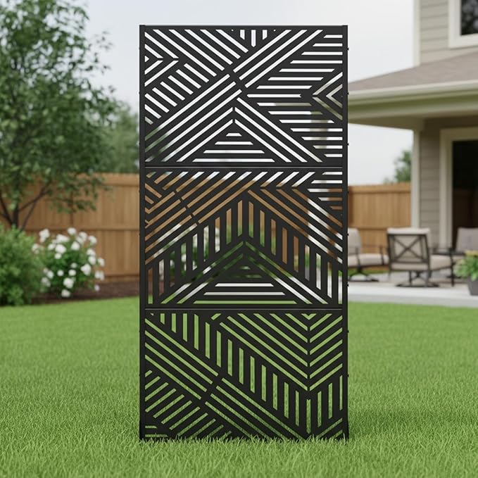 Casaphoria Metal Privacy Screen Outdoor, 72" H x 35" W Freestanding Decorative Privacy Screen for Patio Deck Balcony Garden with Stable Base, Ivan Black