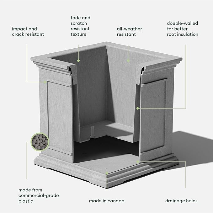 Veradek Brixton Series Cube Plastic Planter - Square Planter for Indoor or Outdoor Patio/Front Porch | Durable All-Weather Use w/Drainage Holes | Classic Estate Design for Flowers, Tall Plants, Trees