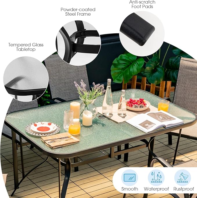 Tangkula 55" Patio Dining Table for 6, Rectangle Outdoor Dining Table with Tempered Glass Tabletop, Umbrella Hole & Metal Frame, 6-Person Outside Dining Table for Backyard, Lawn, Deck & Poolside