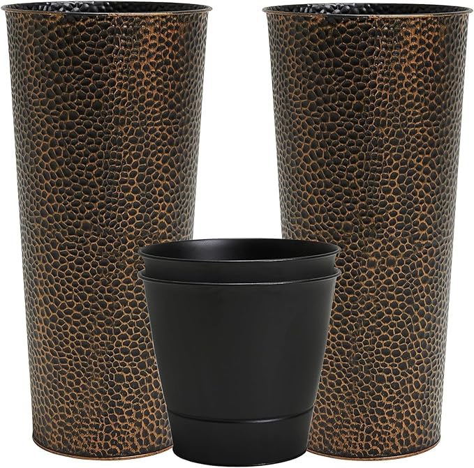 Worth 2 Pack 28" Tall Narrow Metal Planter with Inside Pot for Indoors or Outdoors, Deck, Patio or Front Porch, Hand-Hammered Texture, Bronze