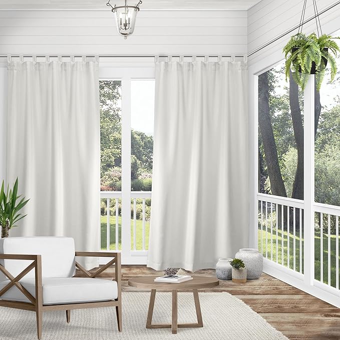 Exclusive Home Cabana Solid Indoor/Outdoor Light Filtering Hook-and-Loop Tab Top Curtain Panel Pair, 54"x96", Vanilla