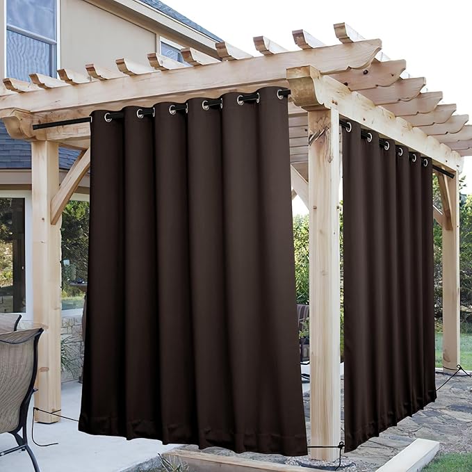 NICETOWN 2 Panels Outdoor Curtains for Patio Extra Wide 84", Waterproof & Windproof Grommet & Back Tab Fixed Top and Bottom Thermal Insulated Drapes with Rope for Gazebo, Toffee Brown, W84 x L84