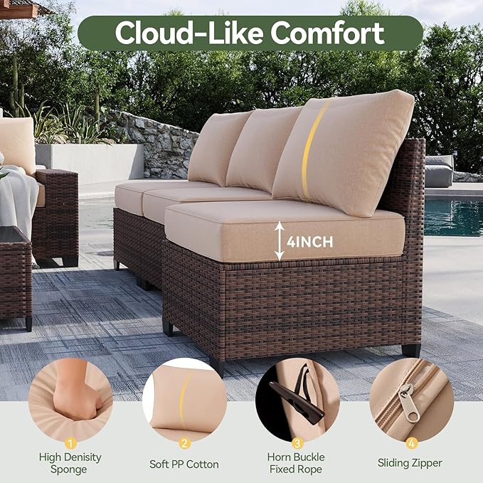 Aoxun 7 Piece Patio Furniture Set with Wide Armrests & 44” Fire Pit Table Wicker Rattan Outdoor Sectional Sofa Set with Coffee Table and Thick Cushion, Khaki (Waterproof Cover Included)
