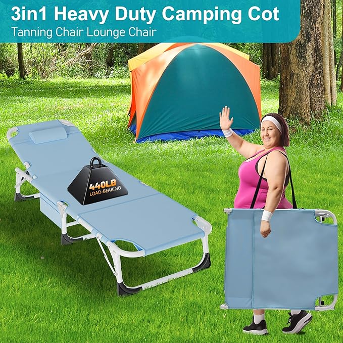 ABORON Oversized Folding Sun Tanning Chair, 3 in 1 Heavy Duty Chaise Lounge Chairs, with Mat/Pillow/Face Arm Holes, Work for Beach Pool/Lawn Yard/Patio