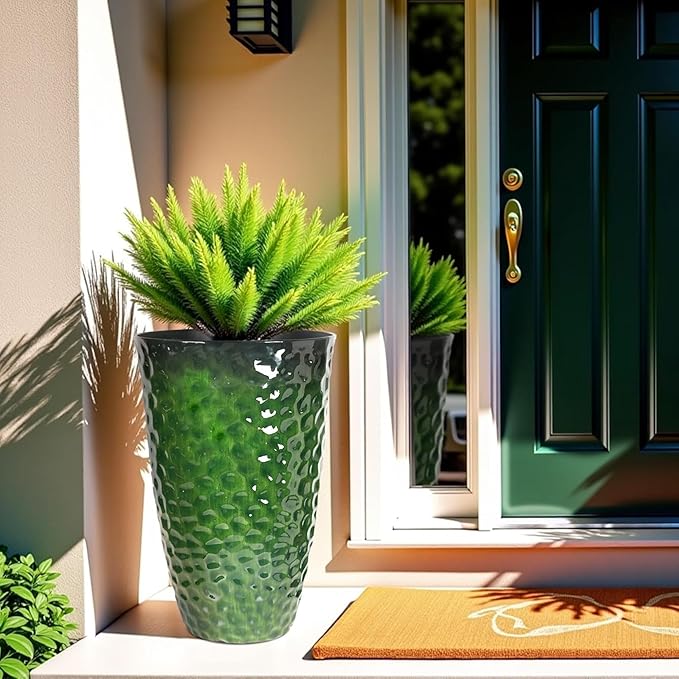 Worth 2 Pack 24" Tall Large Plastic Planter with Drainage Hole, Round Decorative Flower Plant Pit for Indoor or Outdoor Gardening, Glossy Green