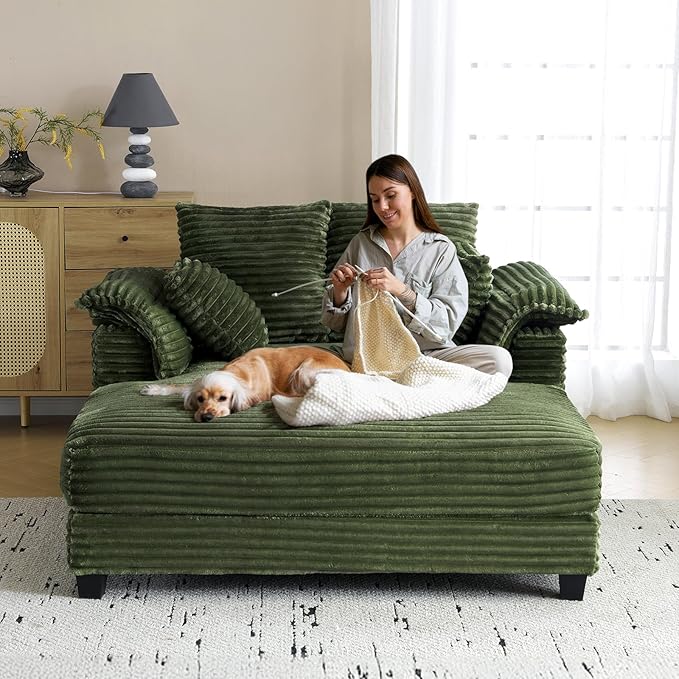 VINGLI Lounge Chair, 56" Oversized Reading Chair Corduroy Chaise Sofa Recliner Bed Upholstered Comfy Sleeper Couch with Throw Pillows and Armrests for Living Room, Movie Room, Bedroom