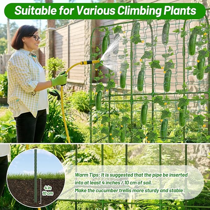 U-Shape Cucumber Trellis with Fabric Raised Garden Bed 65x50 Inch Metal Garden Arch Trellis with Net, Climbing Plants Vegetables Heavy-Duty Outdoor Plant Support for Pea, Grape, Squash, Tomatoes