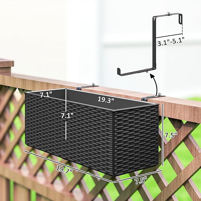 Outsunny Railing Planter Box (2 Pack, 20 Inch), Hanging Flower Pots with Hooks, Drainage Holes for Fence, Balcony, Garden, Patio, Rattan Look, Black