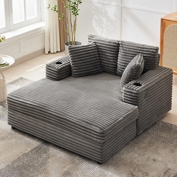 GarveeHome 60-inch Oversized Chaise Lounge Chair Indoor, Comfy Corduroy Lounge Sofa with Charging Station, Cup Holders & Throw Pillows, Cozy Sleeper Couch for Living Room Apartments, Grey