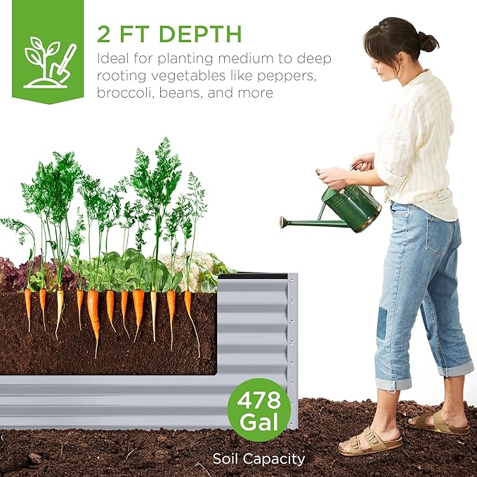 Best Choice Products 8x4x2ft Outdoor Metal Raised Garden Bed, Deep Root Planter Box for Vegetables, Herbs & Flowers, 478-Gallon Capacity, 100% Non Toxic Materials - Moonlight Gray