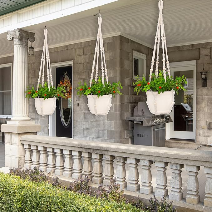 Macrame Plant Hanger Indoor,Hanging Planters for Indoor Plants with 8 Hooks,Outdoor Hanging Plant Holder Crochet for Window,Ceiling Boho Home Decor Basket Pot,White 4 Pack,Ivory