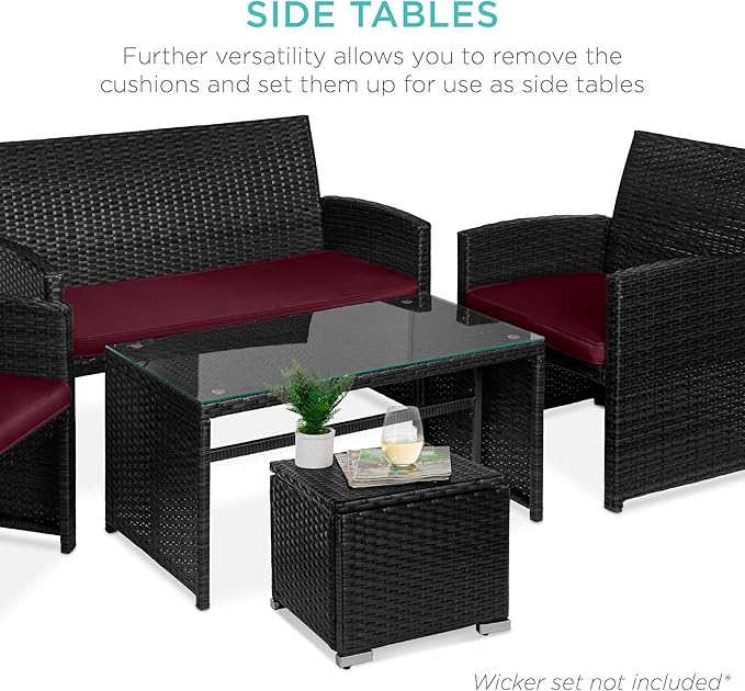Best Choice Products Set of 2 Wicker Ottomans, Multipurpose Outdoor Furniture for Patio, Backyard, Additional Seating, Footrest, Side Table w/Storage, Removable Cushions - Deep Burgundy/Black