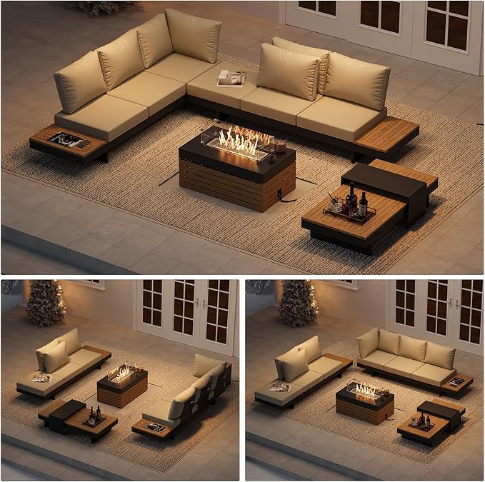 homary Patio Conversation Sets with Fire Pit-Modular Outdoor Sofa Aluminum & Teak Outdoor Sofa Se with Glass Wind Guard Ideal for Patios & Balconies, 6 Pepole, Beige