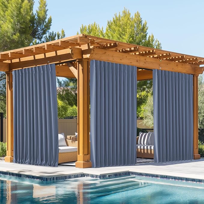 NICETOWN 2 Panels Outdoor Curtains Waterproof Pocket & Back Tab on Top & Bottom, Thermal Insulated Windproof Sun Blocking Outside Privacy Drapes for Patio with Fixed Rope, W84 x L84, Stone Blue