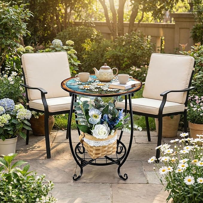 Outdoor Side Table Round Small Mosaic Patio Accent Indoor End Plant Coffee Tea Table for Yard Patio Porch Garden Living Room, Bedroom(Daisy Style,14 Inch)
