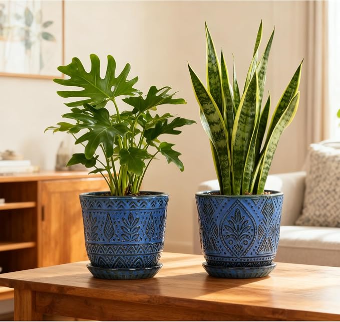 Gepege Beaded Ceramic 6 Inch Planter Set of 2 with Drainage Hole and Saucer for Plants, Indoor-Outdoor Large Round Succulent Orchid Flower Pot (Blue, Inner-pots not Larger Than 5 Inch)
